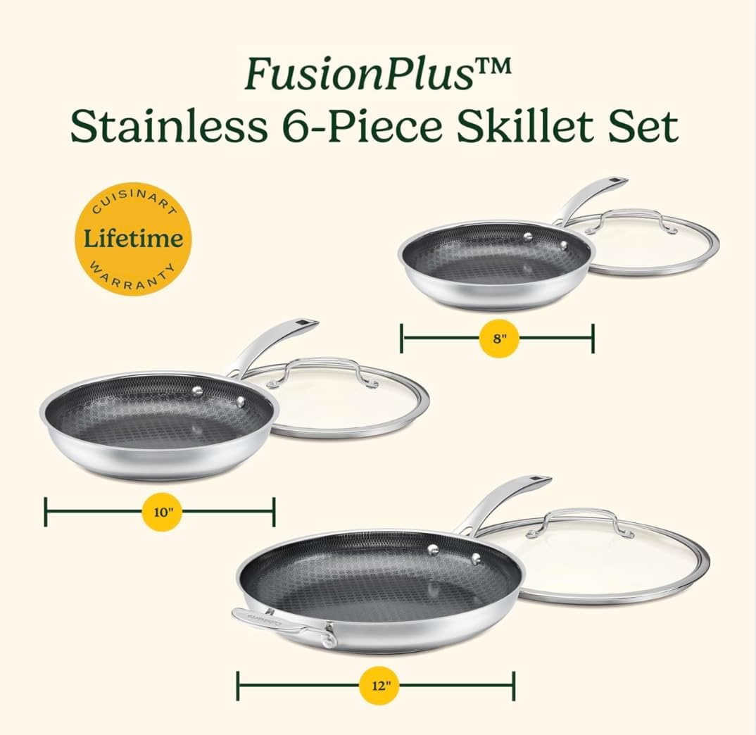 Cuisinart FusionPlus Hybrid Stainless Steel Cookware Set, 6-Piece Skillet Cooking Set with PFAS-Free PURELYSEAR Ceramic Technology, Scratch Proof, Cool Grip Handles, Dishwasher Safe