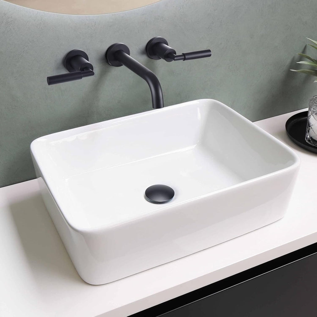 RBROHANT Black Wall Mount Faucet with Pop up Drain Set for Sink Without Overflow, Matte Black Dual Handle Wall Mounted Bathroom Sink Faucet, Brass Rough-in Valve Included, RB0735D