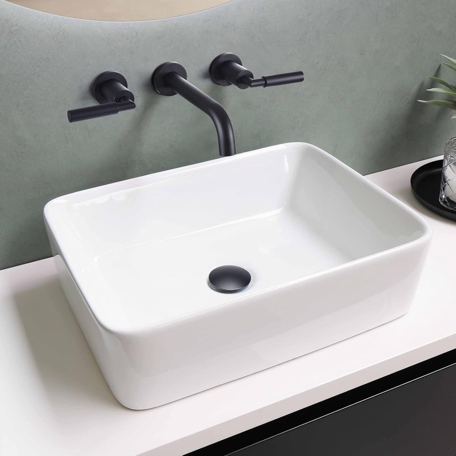 RBROHANT Black Wall Mount Faucet with Pop up Drain Set for Sink Without Overflow, Matte Black Dual Handle Wall Mounted Bathroom Sink Faucet, Brass Rough-in Valve Included, RB0735D