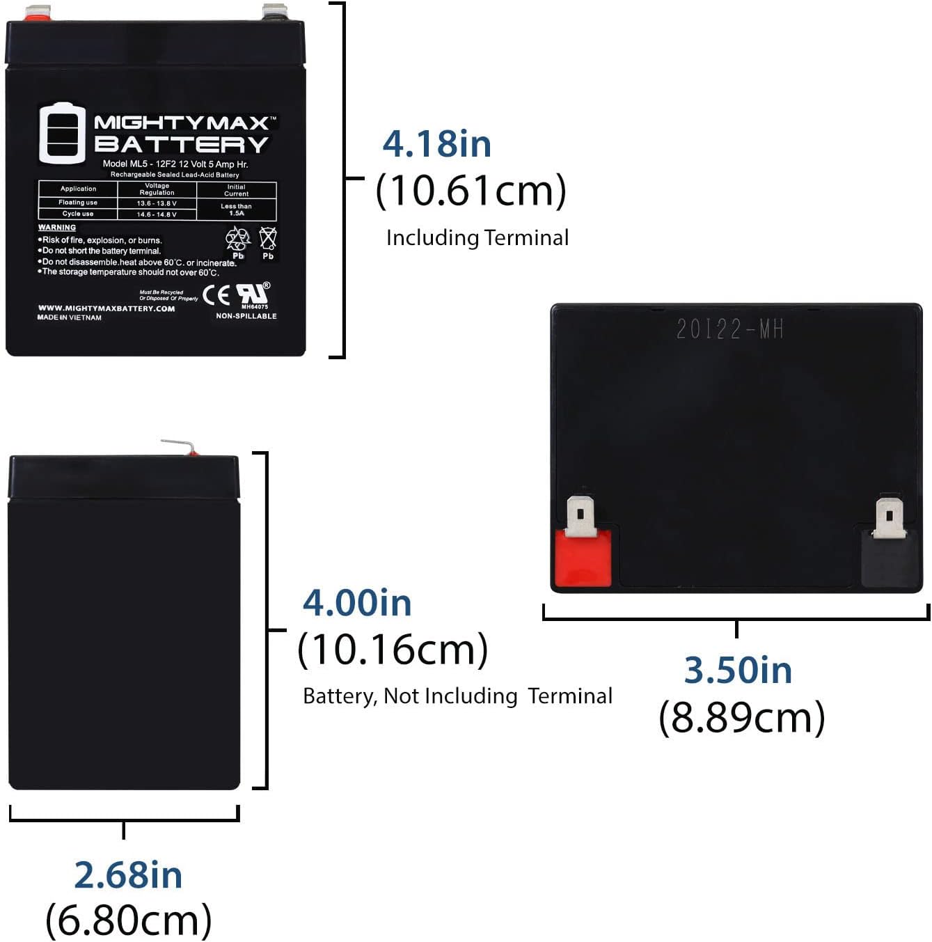 Mighty Max Battery ML5-12F2-12 Volt 5 AH, F2 Terminal, Rechargeable SLA AGM Battery - Pack of 12