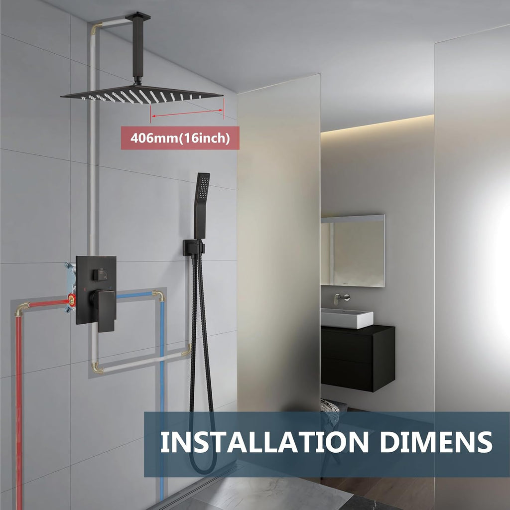 Aolemi Ceiling Mount Shower System Rain Shower Head with Handheld Spray High Pressure Shower Faucet Set Rough-in Valve Shower Trim Kit Included Bathroom Oil Rubbed Bronze 16 Inch Ceiling Shower Head