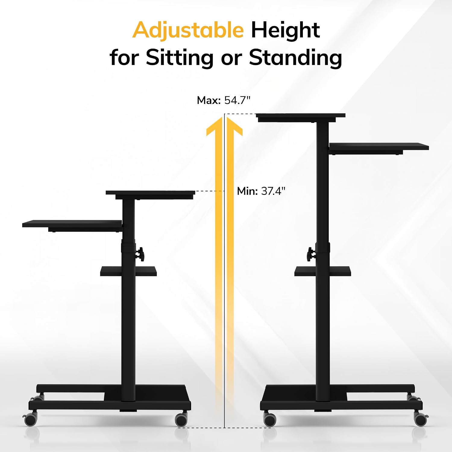 Mount-It! Black Rolling Standing Desk, Adjustable Height up to 54.7', Portable Laptop Podium Desk on Wheels, Mobile Computer Workstation with 4 Shelves 27.5' Wide, Cart for Home Office or Classroom