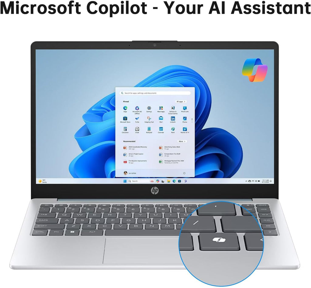 HP 14 inch Laptop with 1-Year Office 365, 14' HD Anti-Glare Display, AMD Athlon Processor(up to 3.5GHz), 4GB RAM, 128GB SSD + 128GB Portable SSD, Copilot PC, Long Battery Life, WiFi 6, Win 11 Pro