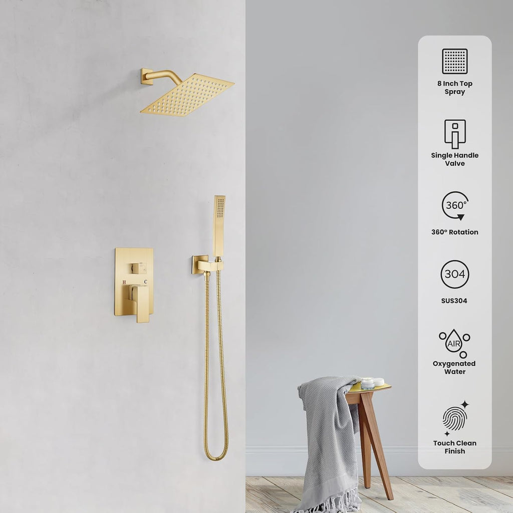 gotonovo Rainfall Bathroom Shower System Rain Shower Head and Handle Set Wall Mounted Shower Complete Combo Solid Brass Pressure Balancing Shower Mixer Valve 8 Inch Brushed Gold