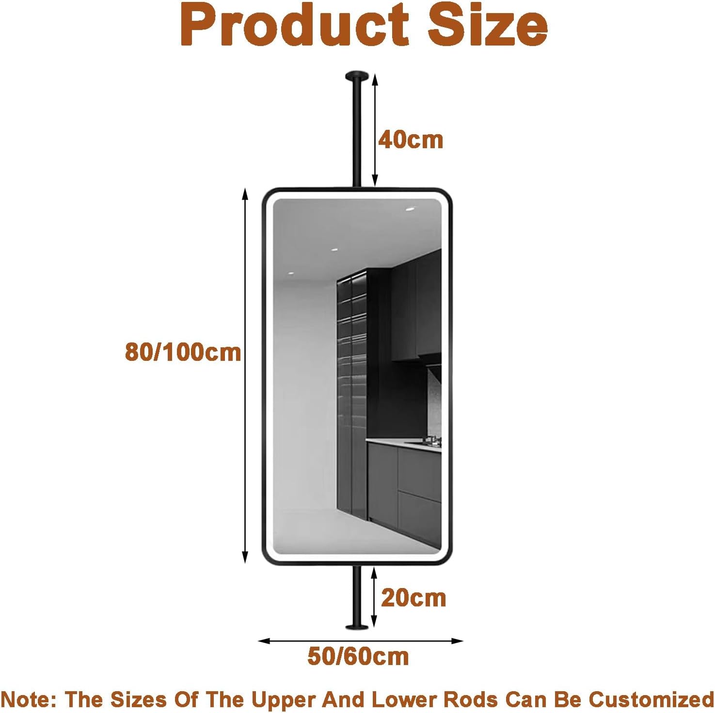 Ceiling Hanging Mirror,Wrought Iron Hanging Bathroom Vanity Mirror,Square Illuminated Hanging Mirror,Suitable for Apartment Hotel Bedroom Bathroom,Black-80L x 50W cm,Black-80L x 50W cm