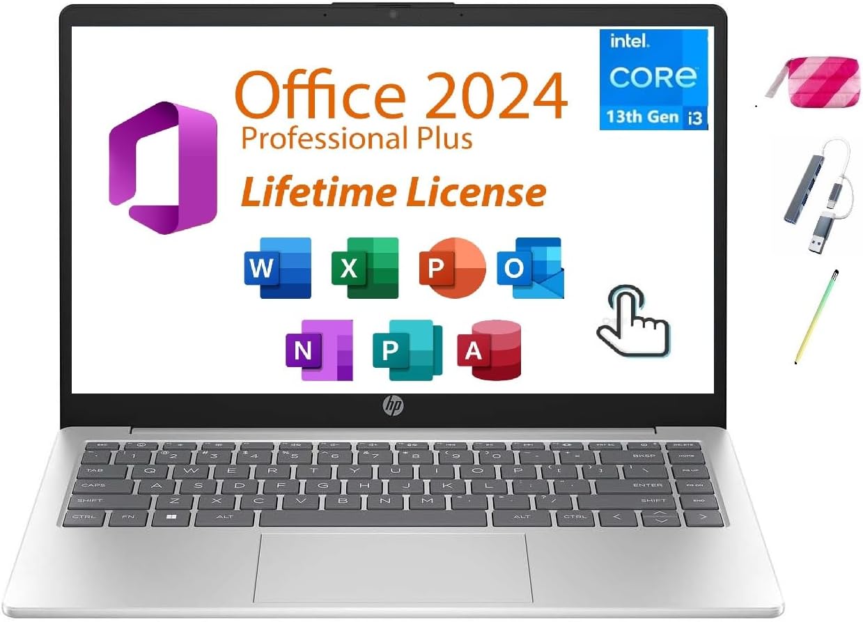HP 15.6' Touchscreen Laptop, Intel 13th Core i3-1315U, Webcam Ai Copilot, Long Battery Life, Type C, Windows 11 Pro, W/BTP Bundle, Lifetime Office 2024 Included (8GB RAM | 512GB PCIe SSD)