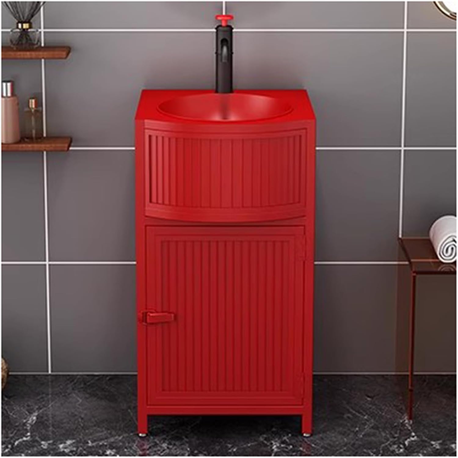 Small Bathroom Vanity with Sink - Industrial Style Free Standing Sink Cabinet and Wrought Iron Vanity Unit with Basin Sink, Drain, and Faucet for Hot and Cold Water,Red-Without Mirror