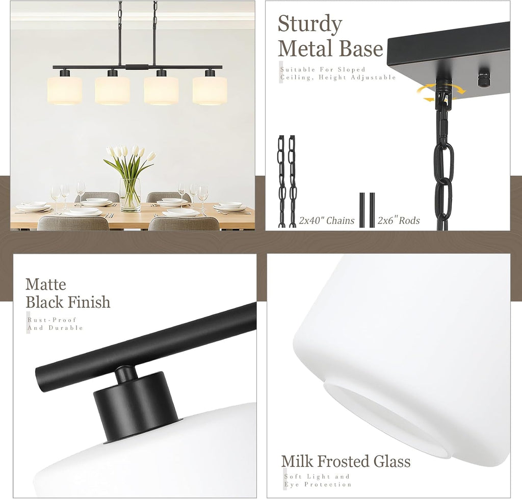 4-Light Kitchen Island Lighting, Modern Black Linear Dining Room Chandelier Light Fixtures with Milk Glass and Chain, Farmhouse Hanging Lights for Kitchen Island Dining Room, OS-YQ8153-4ISBKW