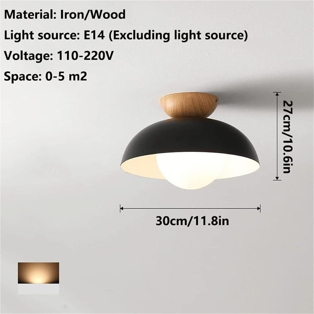 Nordic Semi-Recessed Ceiling Light Wrought Iron and Wood E14 Single-Head Pendant Fixture for Bedroom Aisle Corridor and Entrance(Black)