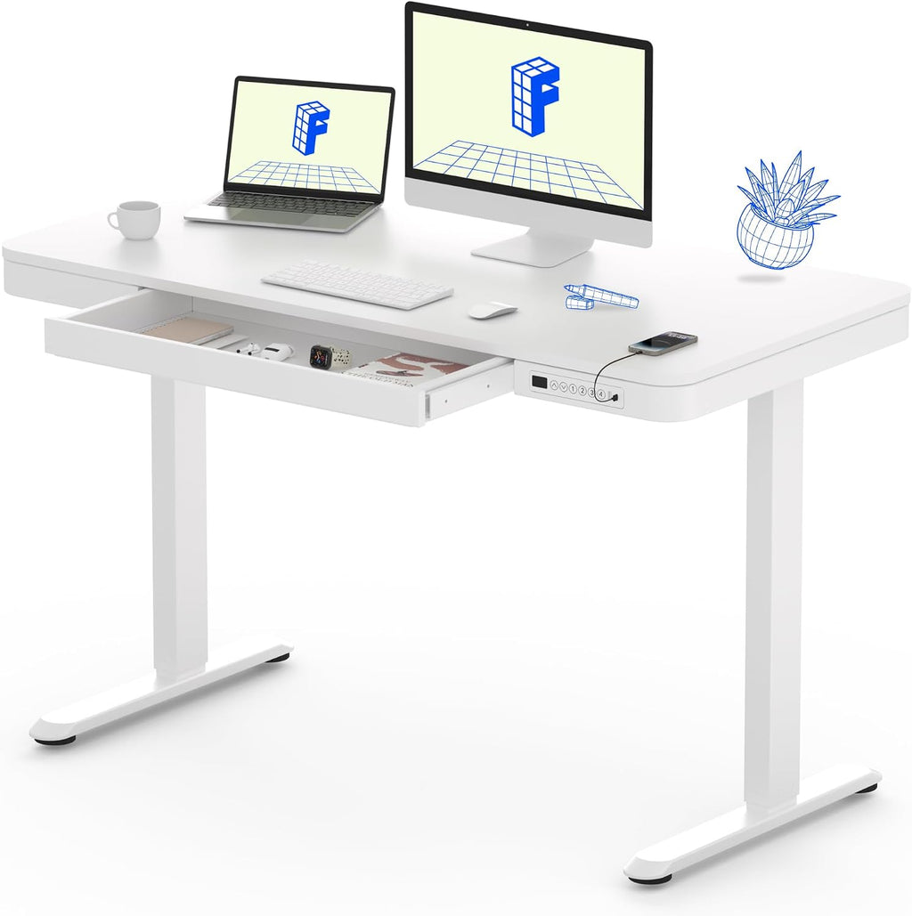 FLEXISPOT Comhar Electric Standing Desk with Drawers Charging USB A to C Port, Height Adjustable 48' Whole-Piece Home Office Computer Laptop Table with Storage (White Top + Frame)