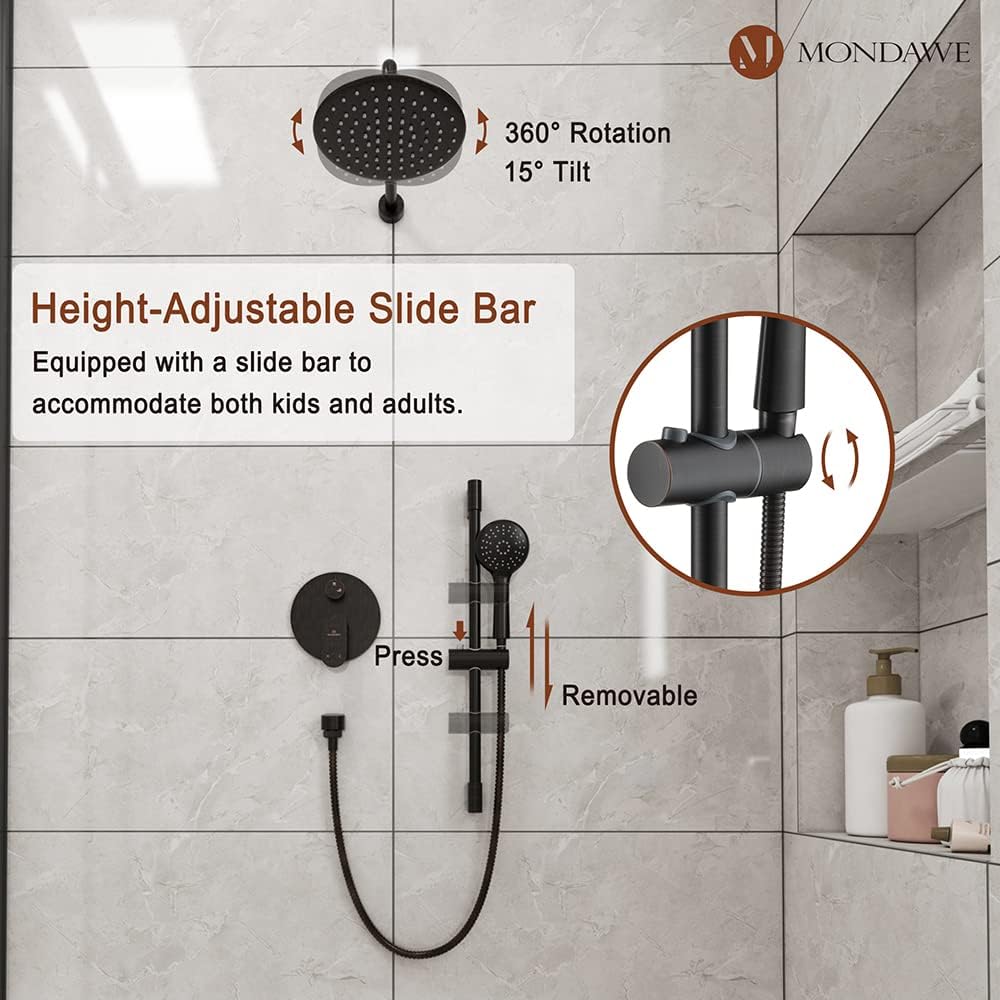 MONDAWE 9 Inch Wall Mounted Shower Faucet Set in Oil Rubbed Bronze, Rainfall Shower Head with 3-Setting Handheld Spray Shower Set Combo, High Pressure Shower System with Solid Brass Valve
