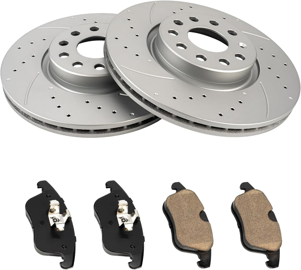 KAX Front Rotors and Brake Pads kit for Volkswagen Passat Tiguan Audi Q3, Drilled and Slotted Disc Brake Rotor Ceramic Brake Pads Replacement (#34279+D1375, 12.28inch, 312MM)