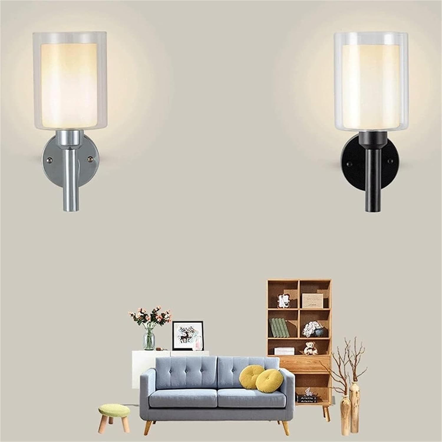 Indoor Single-Head Wall Light Simple Wrought Iron Lamp Body + Cylindrical Glass Lampshade Sconces E27 Lighting Fixture 2-Layer Lampshade Bedroom Bedside Sconce Lights(Black)