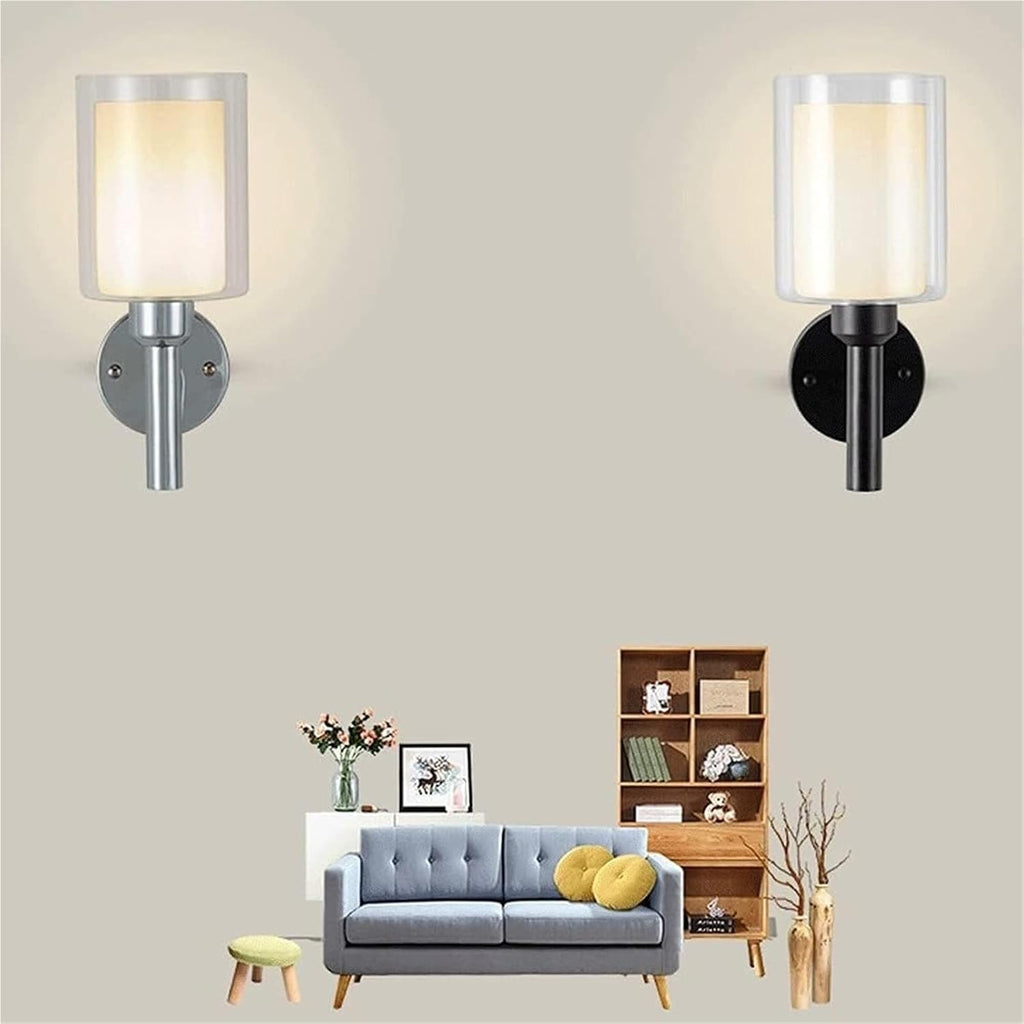 Indoor Single-Head Wall Light Simple Wrought Iron Lamp Body + Cylindrical Glass Lampshade Sconces E27 Lighting Fixture 2-Layer Lampshade Bedroom Bedside Sconce Lights(Chrome)