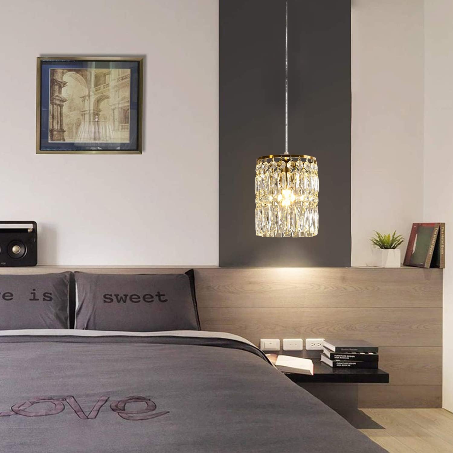 Modern Crystal Pendant Light for Kitchen Island Height Adjustable Gold Chandeliers Light Fixture Hanging Ceiling Lights for Hallway Dining Room Bedroom Living Room Compatible with E26 Bulb (2-Pack)