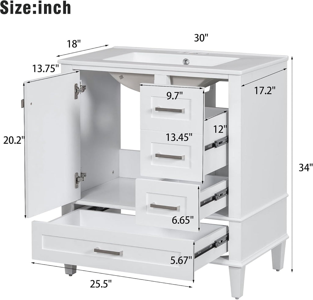 LUMISOL 30 Inch Bathroom Vanity with Sink, Wood Bathroom Storage Cabinet with Soft Closing Door and 3 Drawers, Freestanding Bathroom Vanities with Undermount Ceramic Sink, White