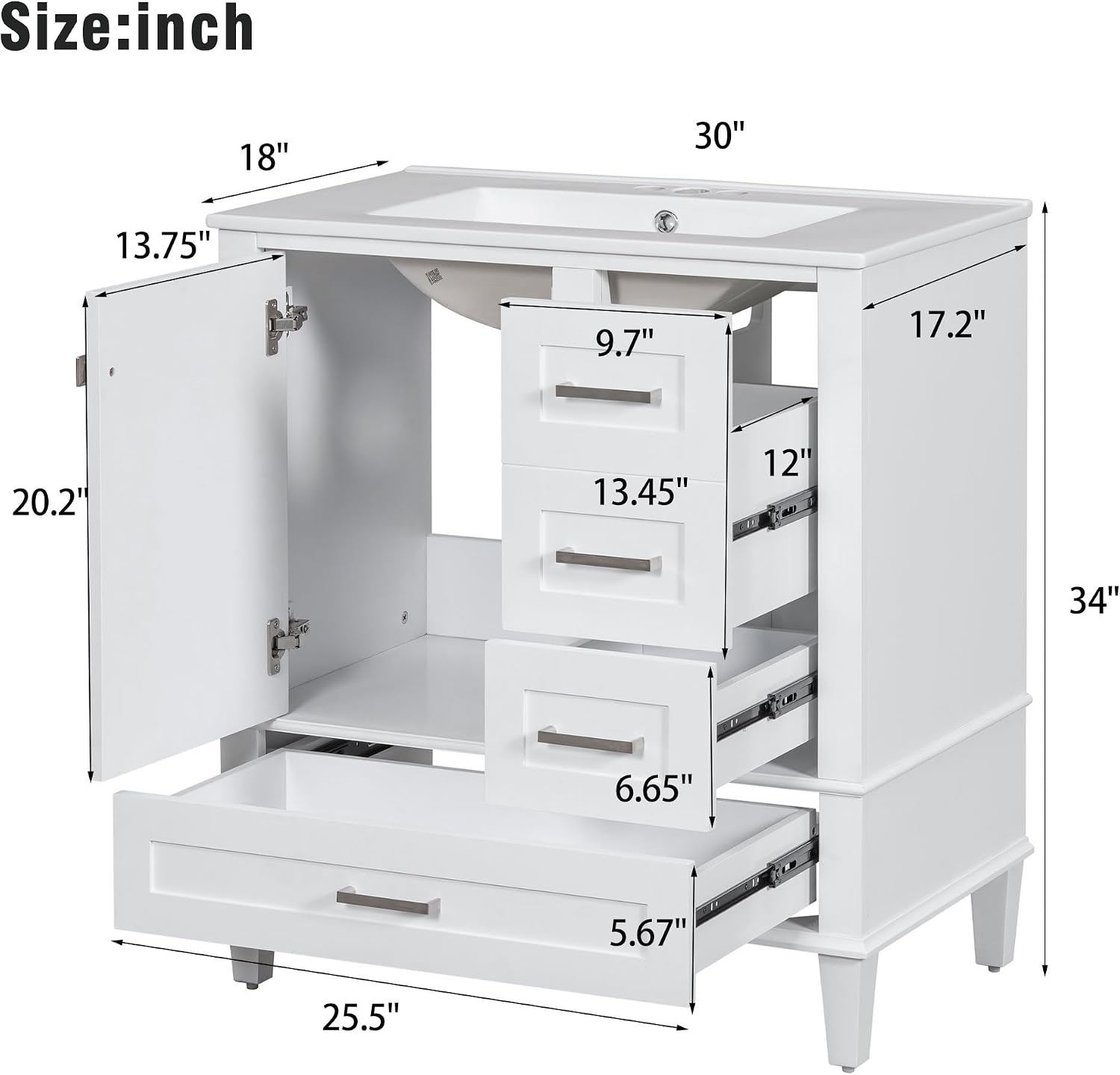 LUMISOL 30 Inch Bathroom Vanity with Sink, Wood Bathroom Storage Cabinet with Soft Closing Door and 3 Drawers, Freestanding Bathroom Vanities with Undermount Ceramic Sink, White