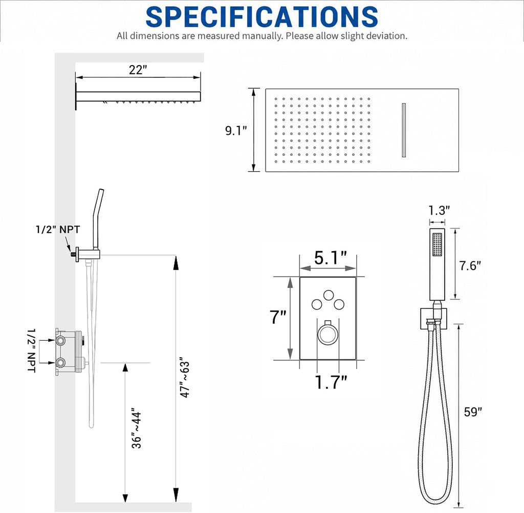 Thermostatic Shower System 22-Inch Rain & Waterfall Large Shower Head, Brushed Gold Luxury Shower Faucet Set with High Pressure Handheld Sprayer, Wall Mount Shower Fixtures Include Valve