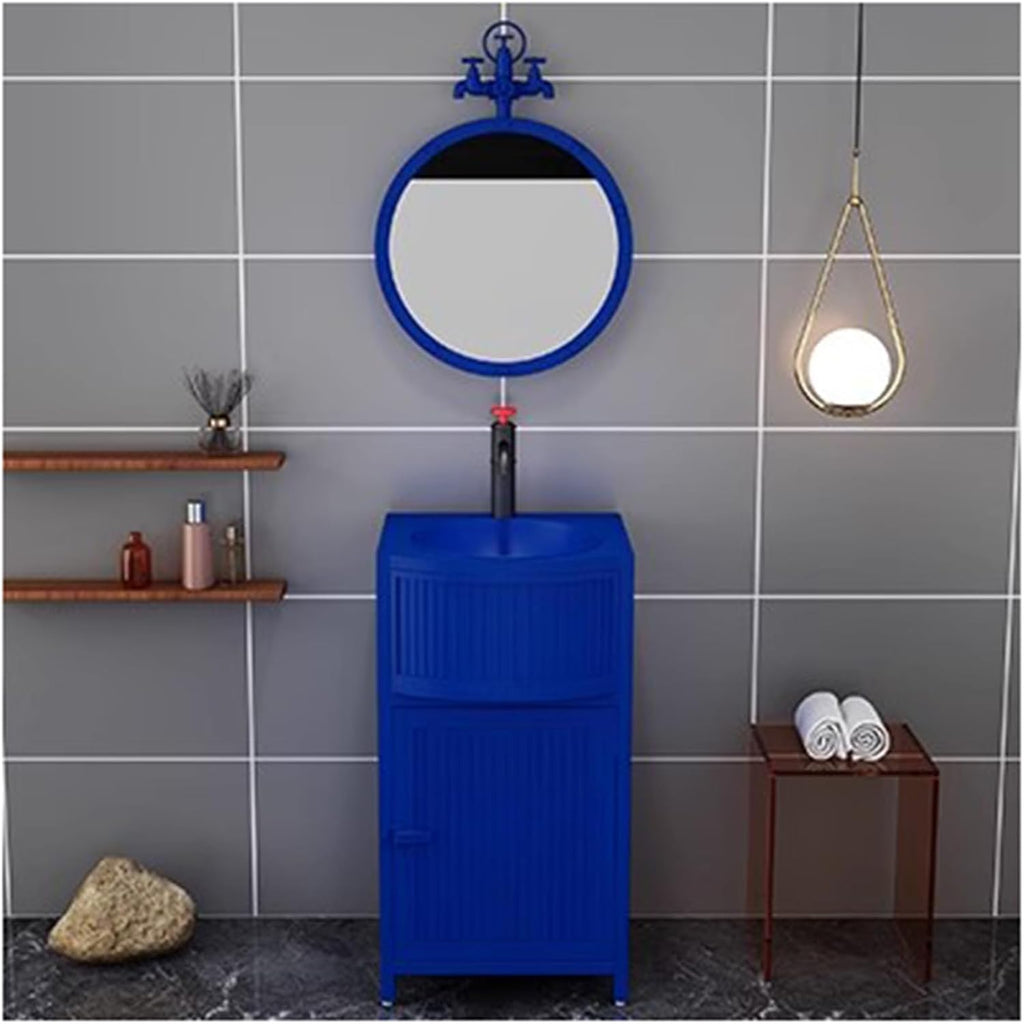 Small Bathroom Vanity with Sink - Industrial Style Free Standing Sink Cabinet and Wrought Iron Vanity Unit with Basin Sink, Drain, and Faucet for Hot and Cold Water,Blue-with Mirror