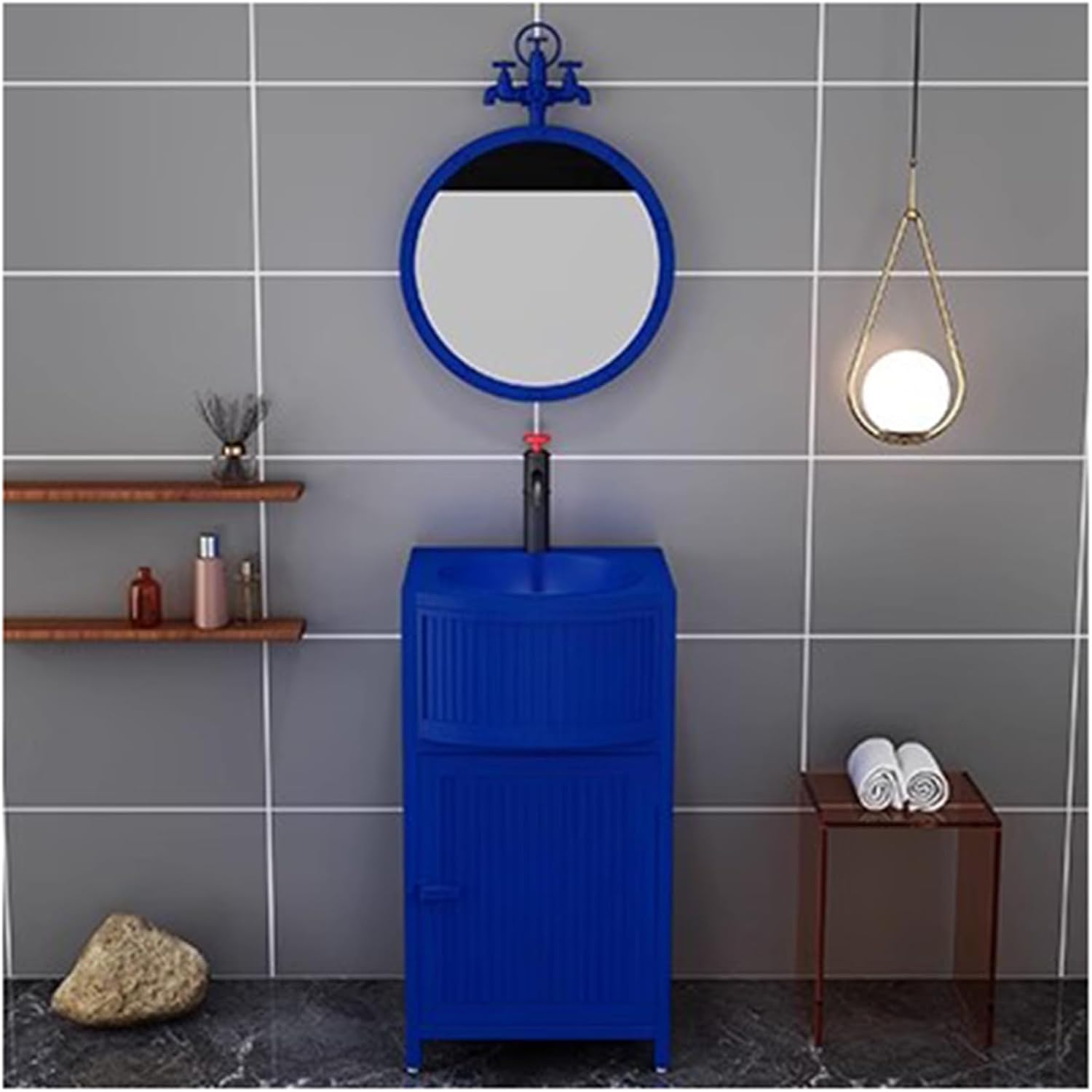Small Bathroom Vanity with Sink - Industrial Style Free Standing Sink Cabinet and Wrought Iron Vanity Unit with Basin Sink, Drain, and Faucet for Hot and Cold Water,Blue-with Mirror