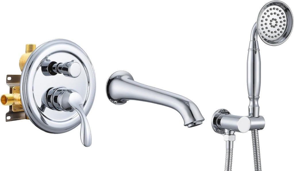 DASAN Antique Wall Mount Tub Filler Faucet with Hand Held Shower, Chrome Bathtub Faucet with Sprayer Wall Mounted Roman Bath Tub Faucet Set with High Flow Rough in Valve, AT201TF-CH