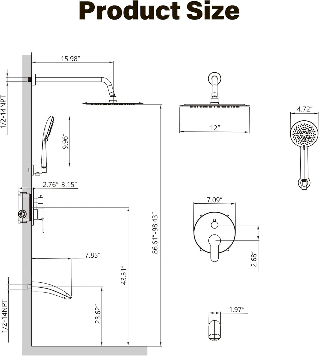 Gabrylly Shower System with Tub Spout, Bathtub Shower Faucet Set with 12' Rain Shower head and 5-Setting Handheld Shower, Wall Mounted Shower Fixtures with Pressure Balance Shower Valve, Brushed Gold