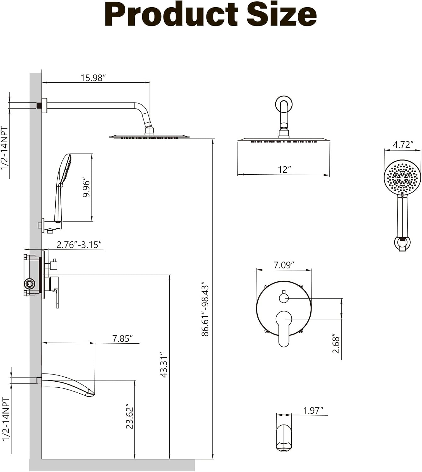 Gabrylly Shower System with Tub Spout, Bathtub Shower Faucet Set with 12' Rain Shower head and 5-Setting Handheld Shower, Wall Mounted Shower Fixtures with Pressure Balance Shower Valve, Brushed Gold
