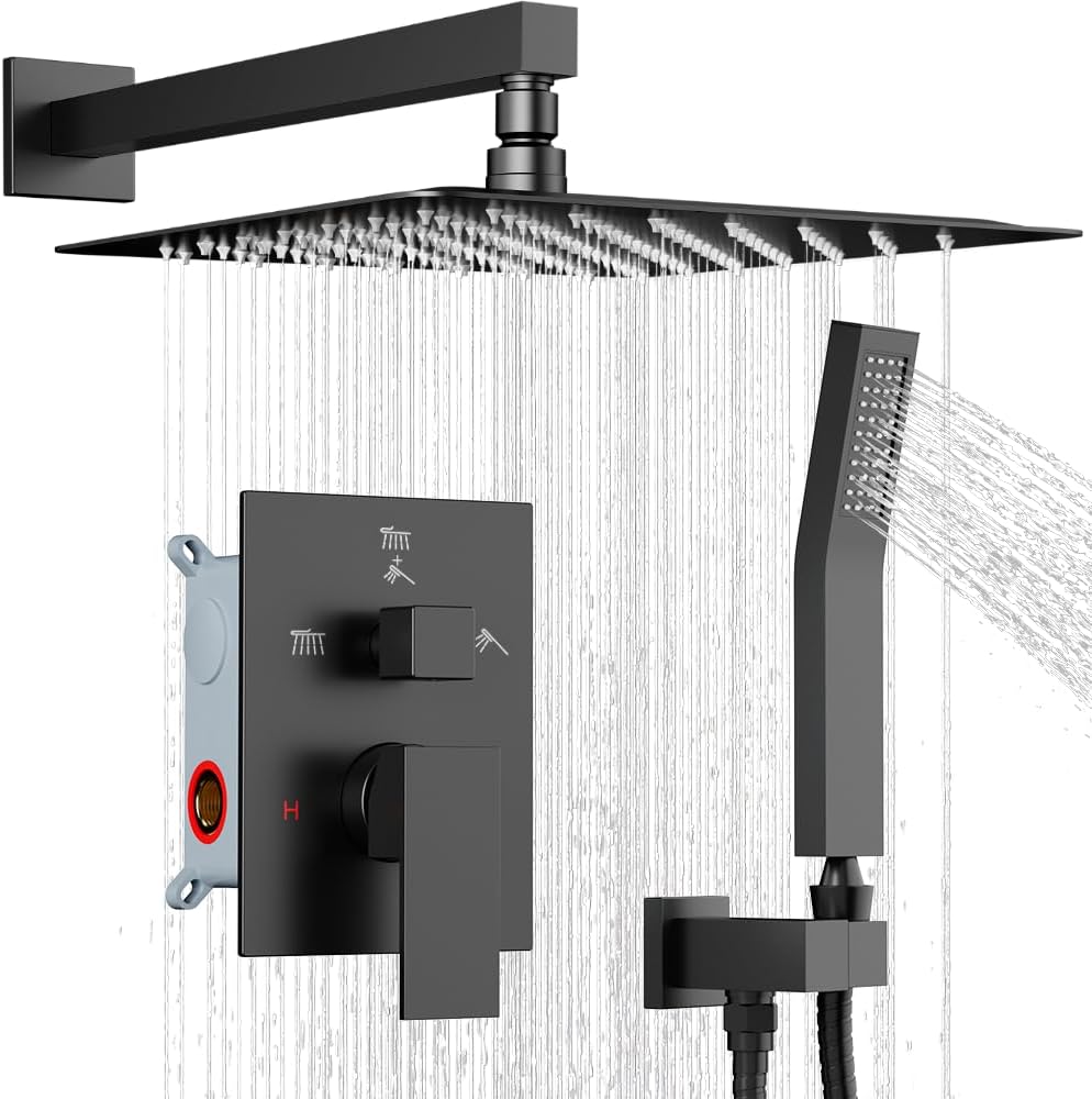 Shower Faucet Set Shower System, STARBATH 10' Wall Mount Rain Shower Head and Handheld Spray for Two Person, Rainfall Shower System with Diverter Valve and Trim Kit Complete,Matte Black