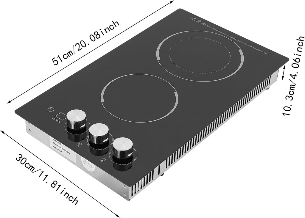 Induction Cooker, Built-In Electric Cooktop 2 Burners Electric Stove Top, 1700W Microcrystalline Panel Cooktop, 5 Power Levels, Knob Control, LED Screen, Child Safety Lock,110V