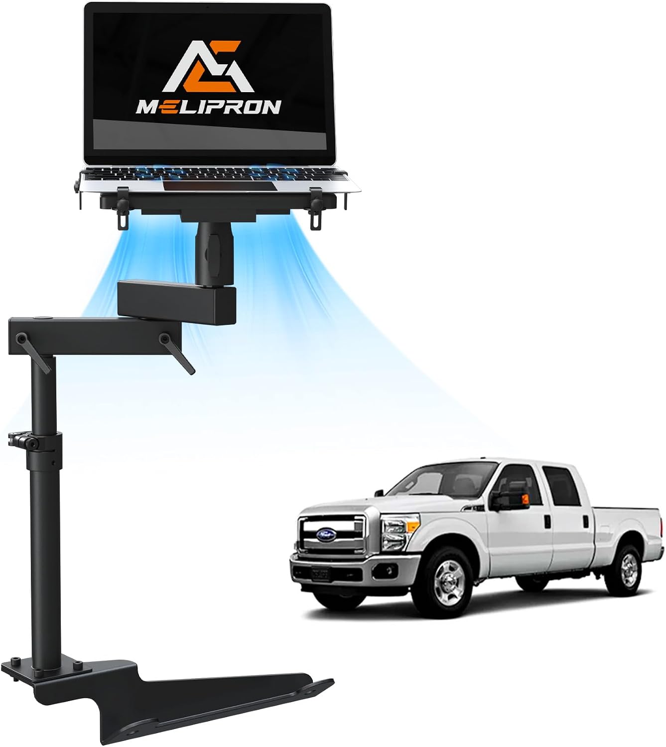 MELIPRON Truck Laptop Mount Fit for Ford F250-F750 1999-2026, Ford Excursion 2000-2005, No-Drilling Vehicle-Specific Laptop Holder with Cooling Fan Adjustable Height for Work on The Go