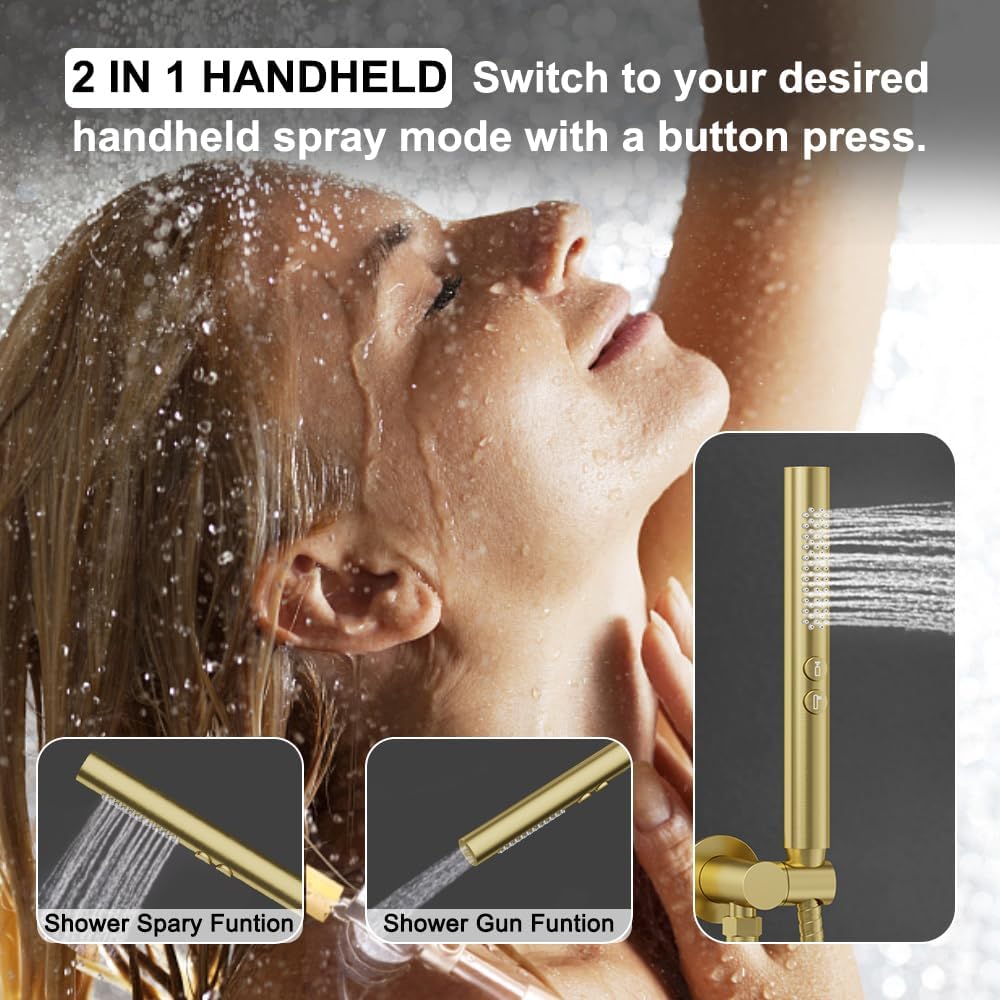 Shower Systems Round Shower Faucet Set, 12+6' Dual Rainfall Shower head with 2 in 1 Handheld Spray, Ceiling Mount Push Button Shower Set with Valve and Trim Kit Brushed Gold,Can Use All at Once