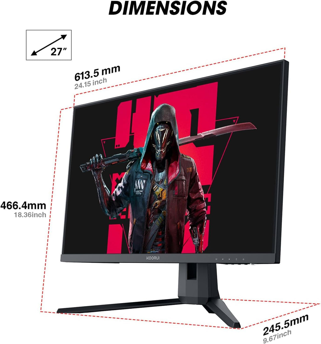 KOORUI 27-inch Gaming Monitor 144Hz QHD(2560 x 1440p) 2K, 1ms, DCI-P3 90% Color Gamut, Adaptive G-Sync, FreeSync Premium, HDMI x 2, DisplayPort, 27E1QA