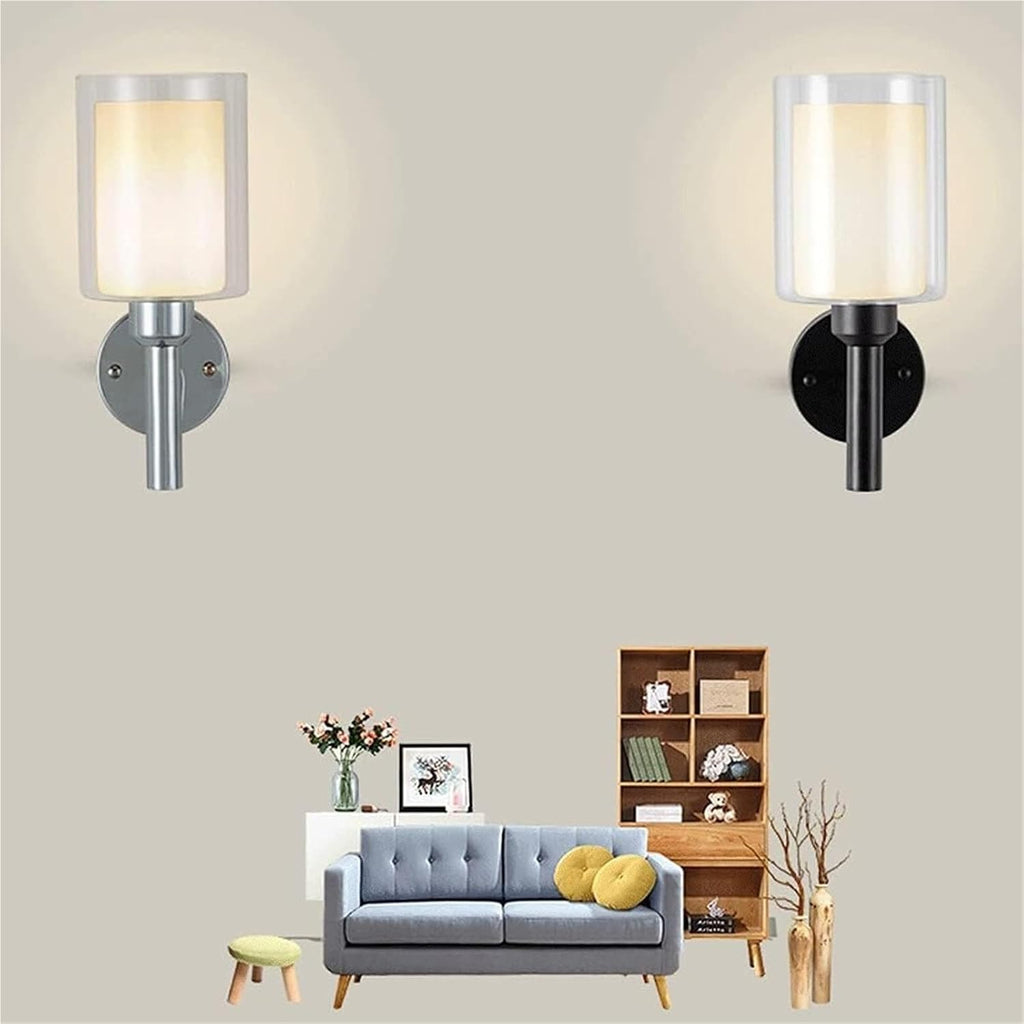 Indoor Single-Head Wall Light Simple Wrought Iron Lamp Body + Cylindrical Glass Lampshade Sconces E27 Lighting Fixture Two-Layer Lampshade Bedroom Bedside Sconce Lights