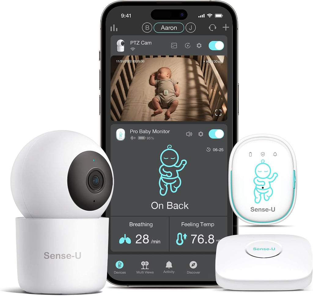 Sense-U Pro Baby Breathing Movement Monitor with 2.5K PTZ Camera: Track Breathing with Gentle Vibration, Sleep Position, Temperature Notifications, 2.5K Video, Background Audio, No Monthly Fee