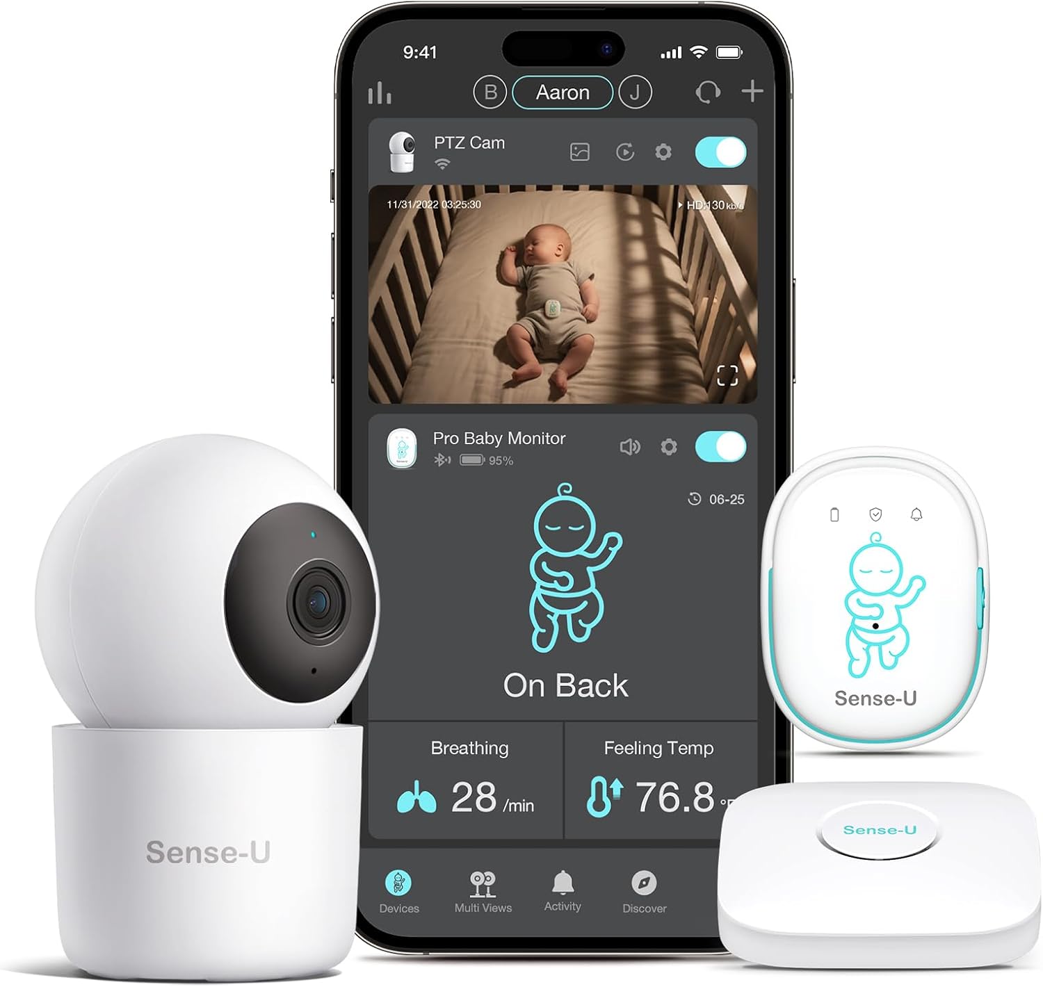 Sense-U Pro Baby Breathing Movement Monitor with 2.5K PTZ Camera: Track Breathing with Gentle Vibration, Sleep Position, Temperature Notifications, 2.5K Video, Background Audio, No Monthly Fee
