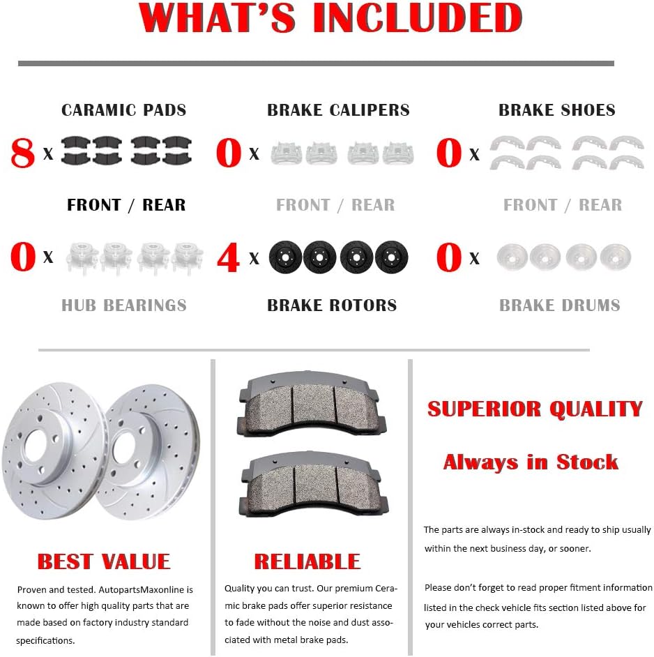 Acinoparts Front(11.65' inch) and Rear(11.46' inch) Brake Kits Drilled and Slotted Brake Rotors Ceramic Brake Pads Fit for Nissan Altima 2013-2023