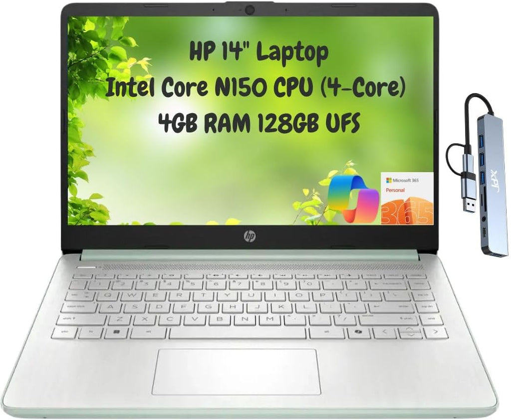 HP 14 Thin Portable Student Laptop 2025, 14' HD, Intel N150, 4GB RAM, 256GB Storage (128GB UFS + 128GB microSD), 1 Year Office 365 1TB Cloud, Wi-Fi 6, HDMI, Docking Station, Webcam, Windows 11, Green