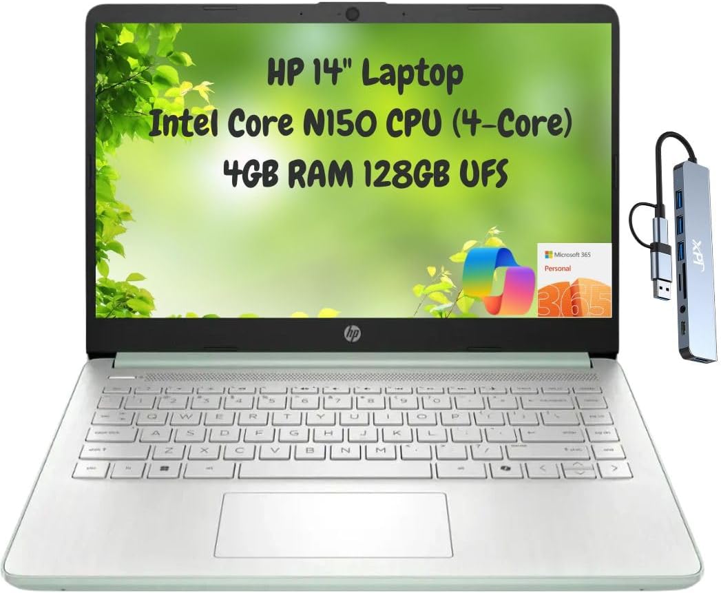 HP 14 Thin Portable Student Laptop 2025, 14' HD, Intel N150, 4GB RAM, 256GB Storage (128GB UFS + 128GB microSD), 1 Year Office 365 1TB Cloud, Wi-Fi 6, HDMI, Docking Station, Webcam, Windows 11, Green