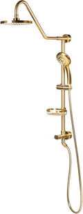 PULSE ShowerSpas Kauai III Brushed Gold Rain Shower Head with Handheld Spray - 2.5 GPM, 8' Showerhead, 5-Function HandShower, Adjustable Slide Bar - Shower Heads with Handheld Spray Combo