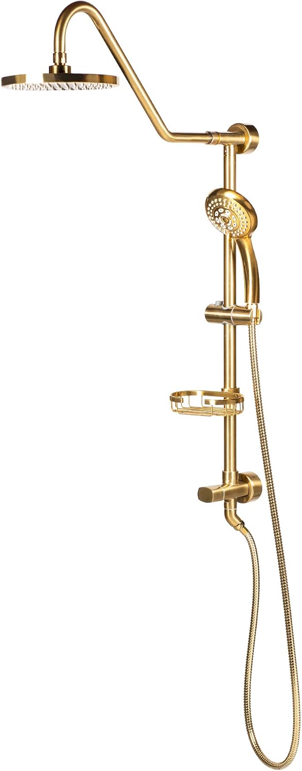 PULSE ShowerSpas Kauai III Brushed Gold Rain Shower Head with Handheld Spray - 2.5 GPM, 8' Showerhead, 5-Function HandShower, Adjustable Slide Bar - Shower Heads with Handheld Spray Combo