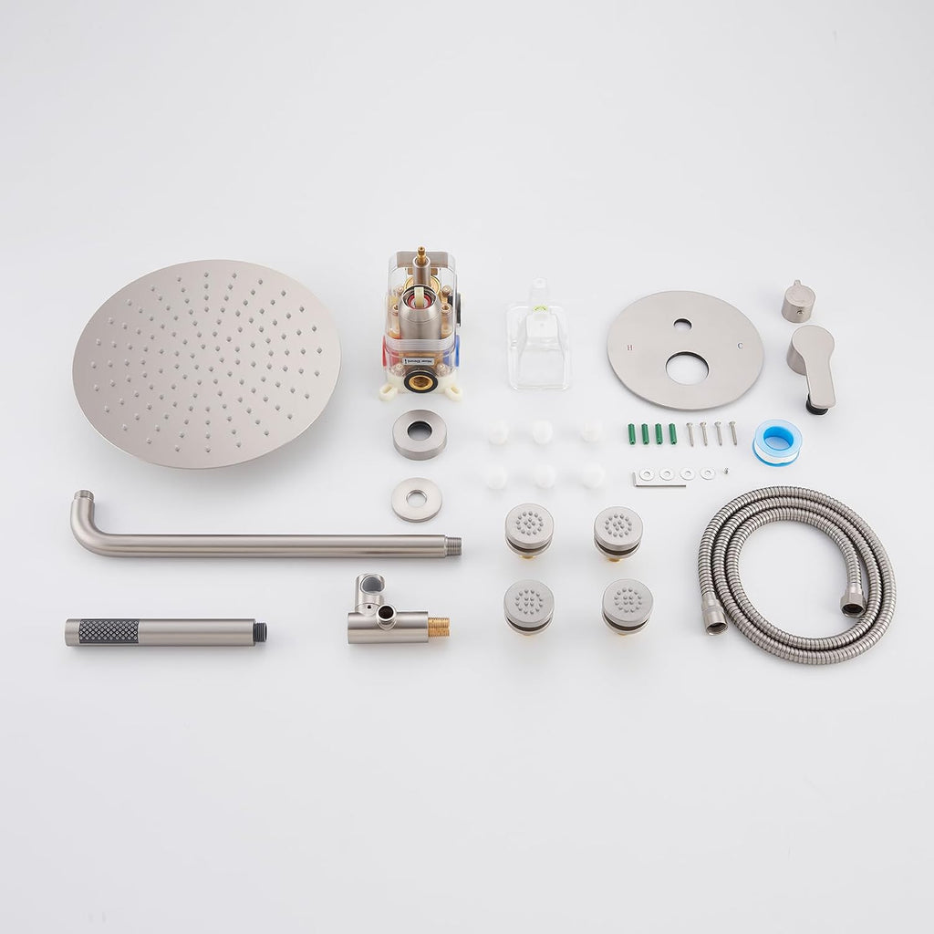 Iriber Brushed Nickel Round Rain Shower System with 4 PCS Body Jets 3 Function Shower Faucet Set Contain 12 Inch Shower Head and Handheld Wall Mounted Pressure Balance Shower Trim Kit (Valve Included)