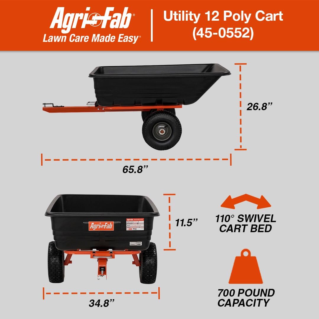 Agri-Fab 45-0552 700 lbs Tow Behind Poly Dump/Swivel Cart, 12 CU. FT. Capacity; Lawn & Garden Cart/Trailer for Lawn Mowers, 15' Pneumatics Tires, Easy to Use Hand Dumping Mechanism