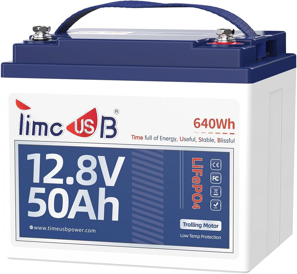 Timeusb 12V 50Ah Trolling Motor LiFePO4 Lithium Battery with Low-Temp Protection, 15000 Deep Cycle, Max. 60A Current at 30mins, 12V Battery for 20~70lb Boat Motor, Fish Finder, Instrument Panel etc.