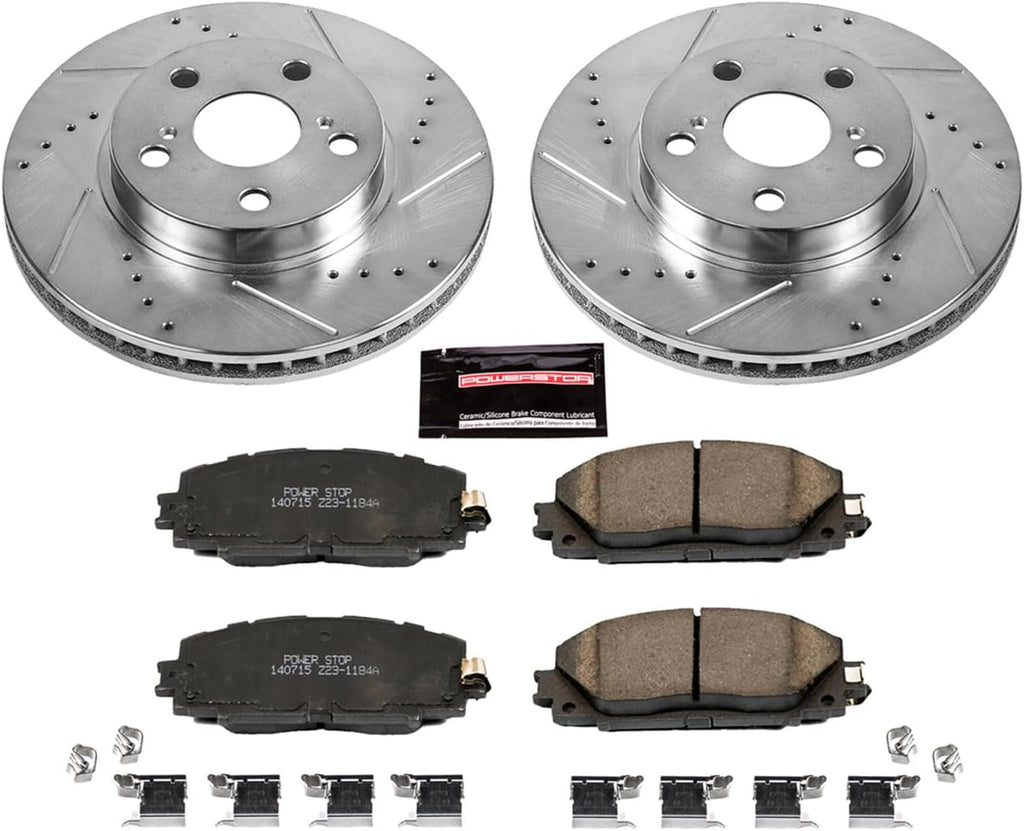 PowerStop Front Brake Kit for Lexus CT200h 2011-17 |Toyota Prius 2010-15 |Prius Plug-In 2012-15 - Drilled and Slotted Disc Rotors with Carbon-Fiber Ceramic Brake Pads Replacement, K5870