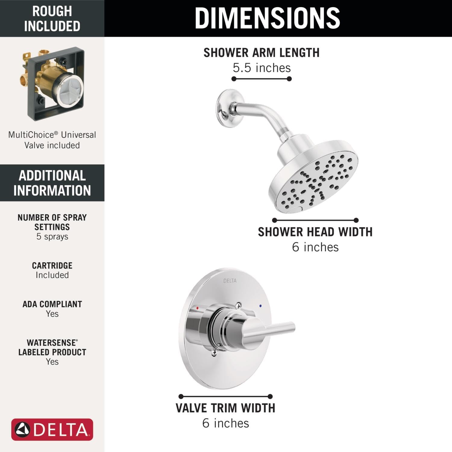 Delta Faucet Nicoli 14 Series Single-Handle Shower Faucet Trim Kit with 5-Spray H2Okinetic Shower Head and Widespread Bathroom Faucet in Chrome (Shower Valve Included)