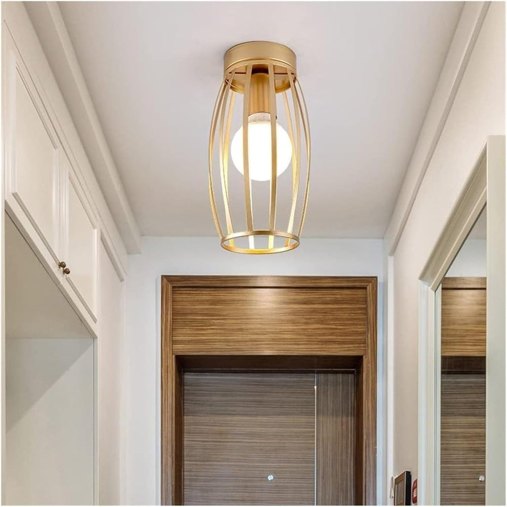 Wall Light Wall Lamp Wrought Iron Frame Cage Ceiling Lamp Gold/Black Finish Ceiling Light Fixture Semi Recessed Ceiling Lighting Compatible with Cloakroom Entrance Lighting Fixtures (Color : Dark) ,Ch