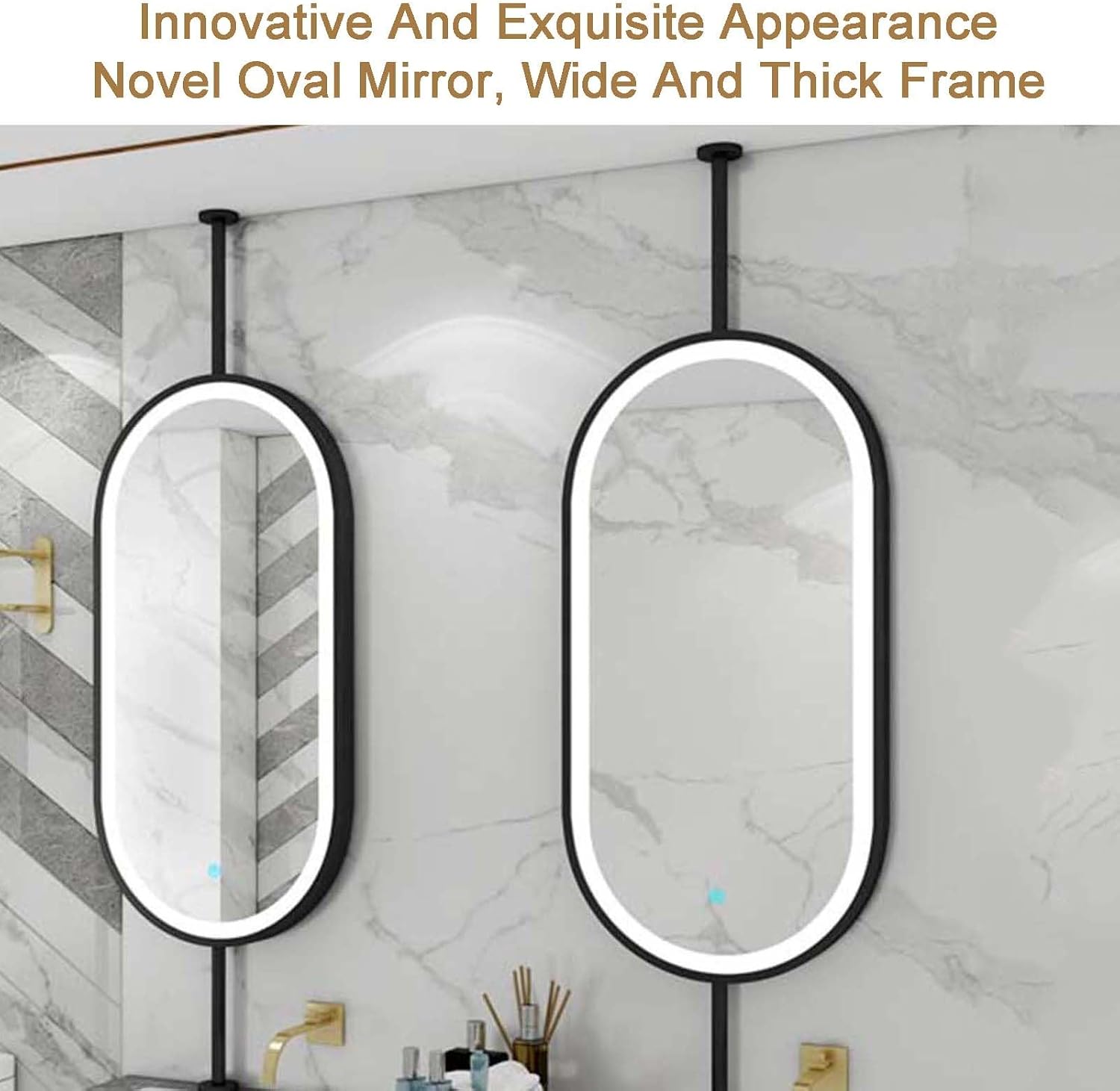 Ceiling Hanging Mirror,Oval Wrought Iron Frame Hanging Mirror,Bathroom Vanity Mirror with LED Lighting,for Bedroom Bathroom Living Room,Black-90L x 60W cm,Black-90L x 60W cm