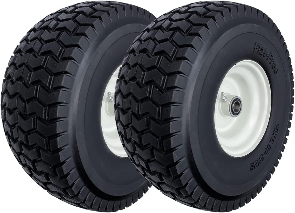 2-Pack 15x6.50-6 Flat-Free Tire with Rim,3'Centered Hub with 3/4' Ball Bearing,w/Grease Fitting，500lbs Capacity,15x6.50x6 No-Flat Solid Rubber Turf Wheel,for Riding Lawn mower,Garden Cart