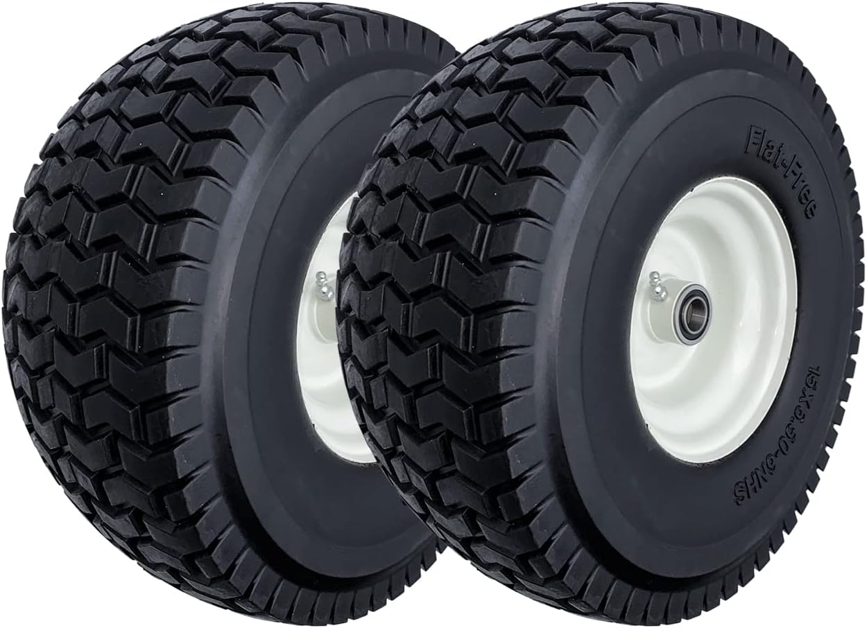2-Pack 15x6.50-6 Flat-Free Tire with Rim,3'Centered Hub with 3/4' Ball Bearing,w/Grease Fitting，500lbs Capacity,15x6.50x6 No-Flat Solid Rubber Turf Wheel,for Riding Lawn mower,Garden Cart