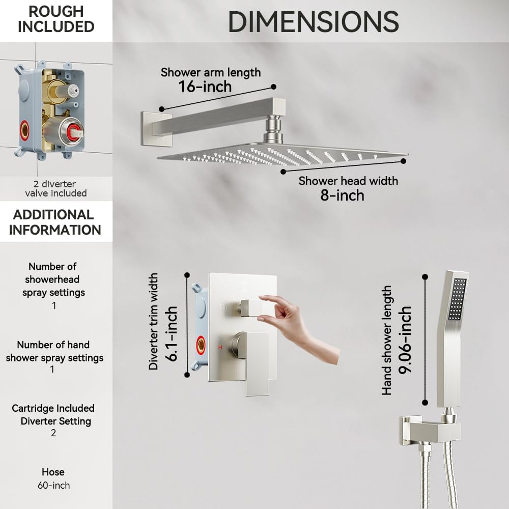 Shower System Shower Faucet Set, STARBATH 8' Wall Mount Rain Shower Head and Handheld Spray for Two Person, Rainfall Shower System with Diverter Valve and Trim Kit Complete,Brushed Nickel